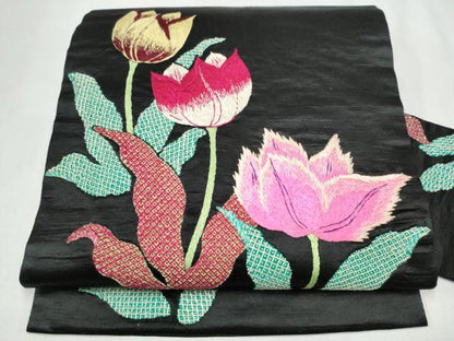 平和屋着物●アンティーク　大正ロマン　九寸名古屋帯　総手刺繍　草花文　黒地　正絹　逸品　CABJ8790hy