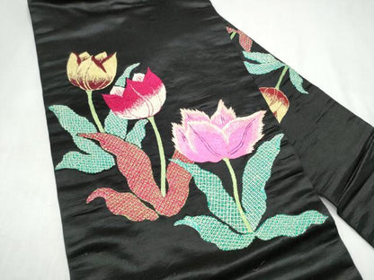 平和屋着物●アンティーク　大正ロマン　九寸名古屋帯　総手刺繍　草花文　黒地　正絹　逸品　CABJ8790hy