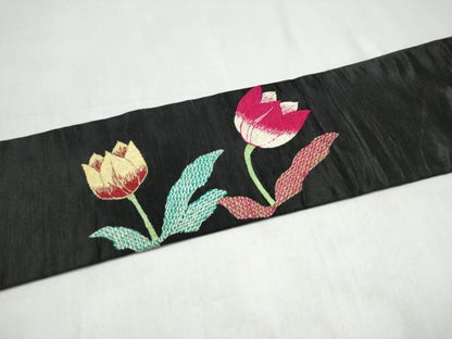 平和屋着物●アンティーク　大正ロマン　九寸名古屋帯　総手刺繍　草花文　黒地　正絹　逸品　CABJ8790hy