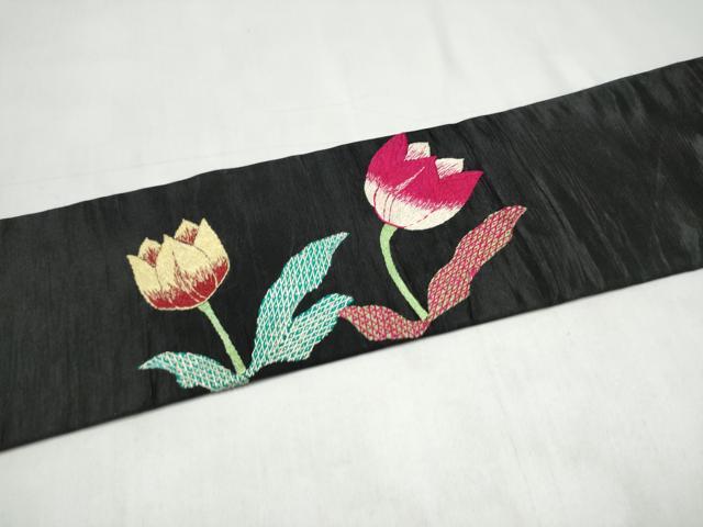 平和屋着物●アンティーク　大正ロマン　九寸名古屋帯　総手刺繍　草花文　黒地　正絹　逸品　CABJ8790hy