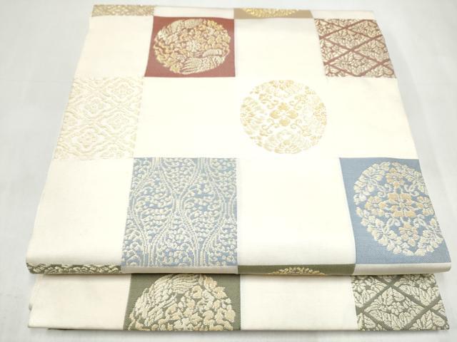 平和屋着物●九寸名古屋帯　市松花鳥文　金糸　正絹　逸品　CABJ8793hy