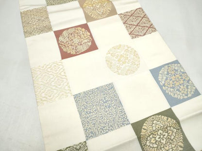 平和屋着物●九寸名古屋帯　市松花鳥文　金糸　正絹　逸品　CABJ8793hy