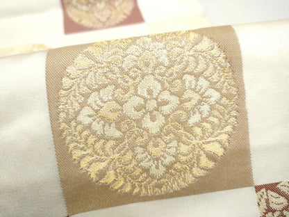 平和屋着物●九寸名古屋帯　市松花鳥文　金糸　正絹　逸品　CABJ8793hy