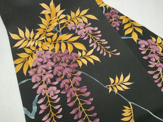 平和屋着物●塩瀬　九寸名古屋帯　作家物　ろうけつ染　藤花房　黒地　正絹　逸品　CABJ8795hy