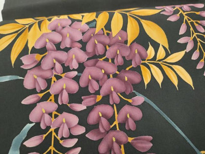 平和屋着物●塩瀬　九寸名古屋帯　作家物　ろうけつ染　藤花房　黒地　正絹　逸品　CABJ8795hy