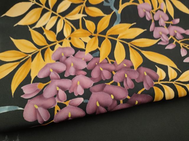 平和屋着物●塩瀬　九寸名古屋帯　作家物　ろうけつ染　藤花房　黒地　正絹　逸品　CABJ8795hy