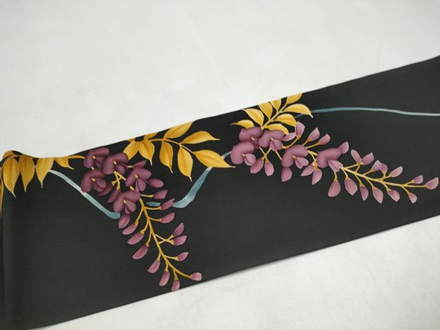 平和屋着物●塩瀬　九寸名古屋帯　作家物　ろうけつ染　藤花房　黒地　正絹　逸品　CABJ8795hy