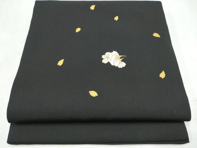 平和屋着物●塩瀬　九寸開き名古屋帯　刺繍　舞桜文　黒地　金銀糸　正絹　逸品　CABJ8797hy