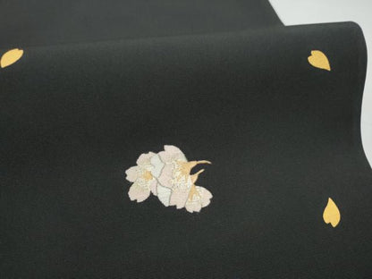 平和屋着物●塩瀬　九寸開き名古屋帯　刺繍　舞桜文　黒地　金銀糸　正絹　逸品　CABJ8797hy