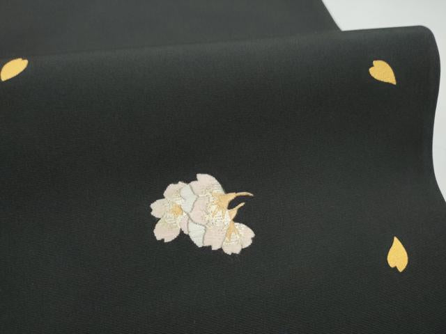 平和屋着物●塩瀬　九寸開き名古屋帯　刺繍　舞桜文　黒地　金銀糸　正絹　逸品　CABJ8797hy