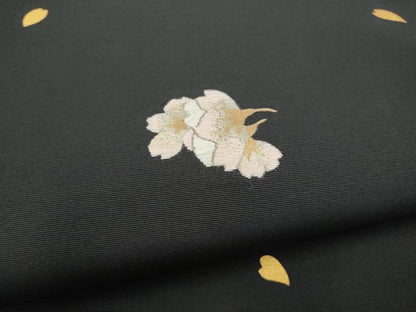 平和屋着物●塩瀬　九寸開き名古屋帯　刺繍　舞桜文　黒地　金銀糸　正絹　逸品　CABJ8797hy