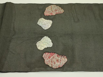 平和屋着物＊夏物　九寸開き名古屋帯　草木文　黒地　銀糸　正絹　逸品　CABJ8802rv