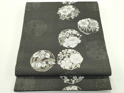 平和屋着物＊夏物　六通柄袋帯　唐織　秋草丸文　黒地　金銀糸　正絹　逸品　CABJ8816rv
