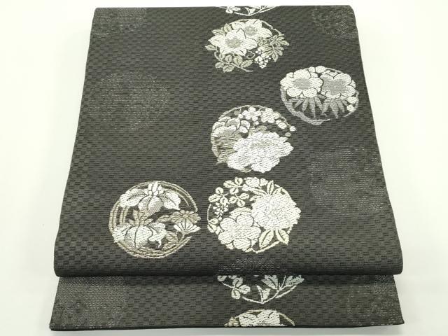 平和屋着物＊夏物　六通柄袋帯　唐織　秋草丸文　黒地　金銀糸　正絹　逸品　CABJ8816rv