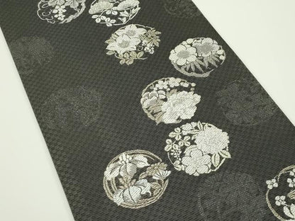 平和屋着物＊夏物　六通柄袋帯　唐織　秋草丸文　黒地　金銀糸　正絹　逸品　CABJ8816rv