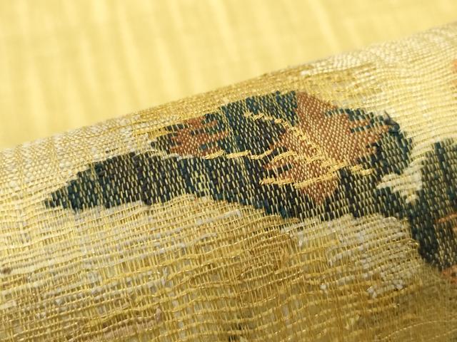 平和屋着物＊夏物　西陣　老舗　渡文謹製　手織　すくひ　両面　太鼓柄袋帯　草花文　金糸　正絹　逸品　CABJ8821rv