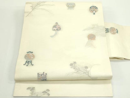 平和屋着物＊夏物　九寸名古屋帯　風鈴　仕覆　草花文　銀糸　正絹　逸品　CABJ8841rv