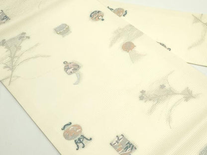 平和屋着物＊夏物　九寸名古屋帯　風鈴　仕覆　草花文　銀糸　正絹　逸品　CABJ8841rv
