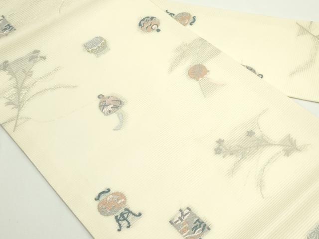 平和屋着物＊夏物　九寸名古屋帯　風鈴　仕覆　草花文　銀糸　正絹　逸品　CABJ8841rv