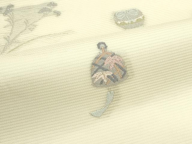 平和屋着物＊夏物　九寸名古屋帯　風鈴　仕覆　草花文　銀糸　正絹　逸品　CABJ8841rv