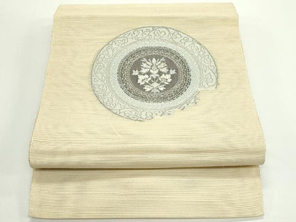 平和屋着物＊夏物　八寸名古屋帯　花絵皿文　銀糸　正絹　逸品　CABJ8849rv