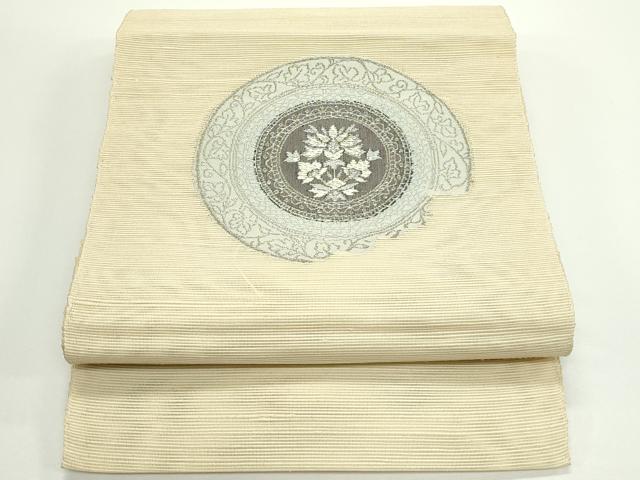 平和屋着物＊夏物　八寸名古屋帯　花絵皿文　銀糸　正絹　逸品　CABJ8849rv