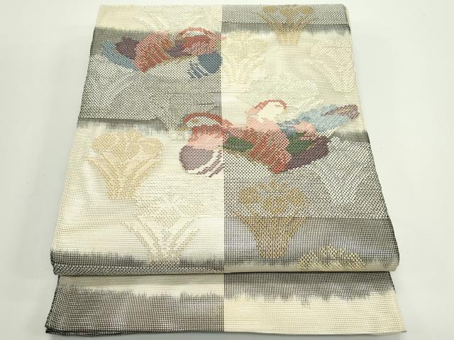 平和屋着物＊夏物　太鼓柄袋帯　市松鴛鴦花文　金銀糸　正絹　逸品　CABJ8851rv