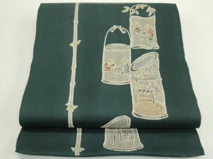 平和屋着物＊夏物　九寸開き名古屋帯　型染め　人物風景文　正絹　逸品　CABJ8986rv
