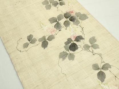 平和屋着物＊夏物　染色作家　桐山紫香　手描き　九寸開き名古屋帯　花倉織　草花文　金彩　麻　逸品　CABJ8987rv