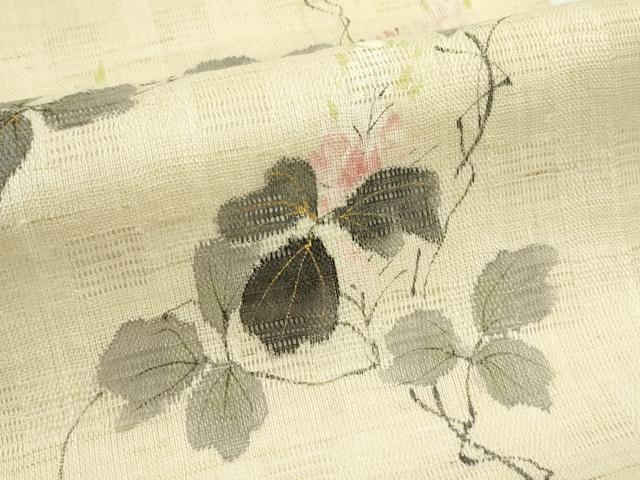 平和屋着物＊夏物　染色作家　桐山紫香　手描き　九寸開き名古屋帯　花倉織　草花文　金彩　麻　逸品　CABJ8987rv