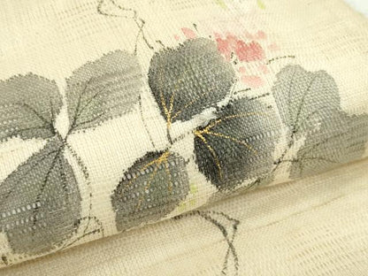 平和屋着物＊夏物　染色作家　桐山紫香　手描き　九寸開き名古屋帯　花倉織　草花文　金彩　麻　逸品　CABJ8987rv