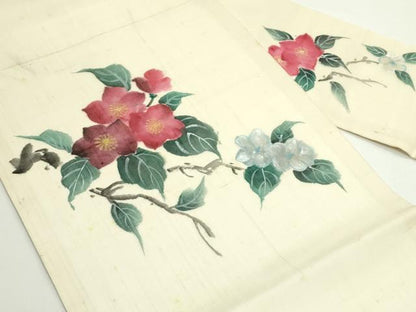 平和屋着物＊夏物　九寸名古屋帯　手描き　紬地　枝花文　正絹　逸品　CABJ8995rv