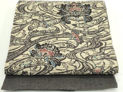 平和屋着物＊夏物　八寸名古屋帯　型染め　流水花文　自然布　逸品　CABJ8997rv