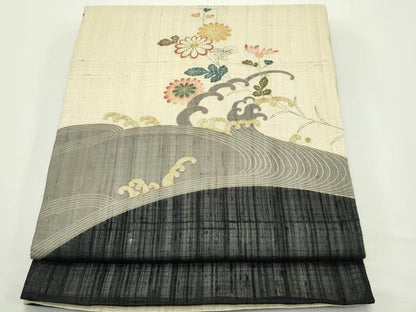 平和屋着物＊夏物　太鼓柄袋帯　手描き　紬地　駒刺繍　立波菊文　金糸　正絹　逸品　CABJ9021rv