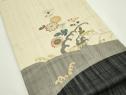 平和屋着物＊夏物　太鼓柄袋帯　手描き　紬地　駒刺繍　立波菊文　金糸　正絹　逸品　CABJ9021rv