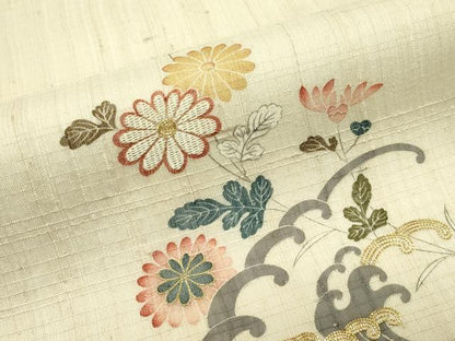 平和屋着物＊夏物　太鼓柄袋帯　手描き　紬地　駒刺繍　立波菊文　金糸　正絹　逸品　CABJ9021rv