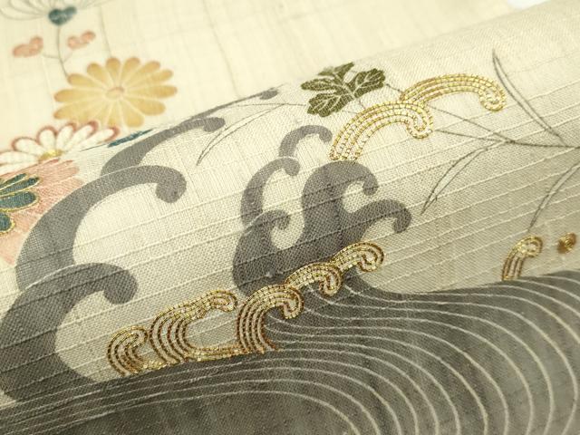 平和屋着物＊夏物　太鼓柄袋帯　手描き　紬地　駒刺繍　立波菊文　金糸　正絹　逸品　CABJ9021rv