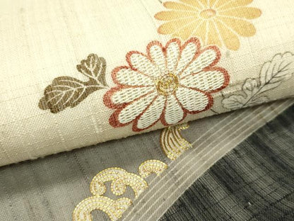 平和屋着物＊夏物　太鼓柄袋帯　手描き　紬地　駒刺繍　立波菊文　金糸　正絹　逸品　CABJ9021rv
