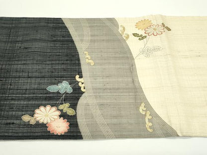 平和屋着物＊夏物　太鼓柄袋帯　手描き　紬地　駒刺繍　立波菊文　金糸　正絹　逸品　CABJ9021rv