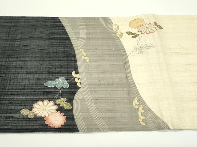 平和屋着物＊夏物　太鼓柄袋帯　手描き　紬地　駒刺繍　立波菊文　金糸　正絹　逸品　CABJ9021rv