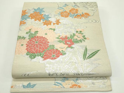 平和屋着物＊夏物　アンティーク　大正ロマン　丸帯　引き抜き帯　唐織　雪輪秋草文　銀糸　正絹　逸品　CABJ9025rv