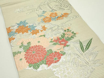 平和屋着物＊夏物　アンティーク　大正ロマン　丸帯　引き抜き帯　唐織　雪輪秋草文　銀糸　正絹　逸品　CABJ9025rv