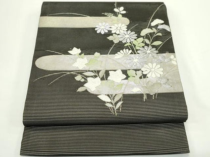 平和屋着物＊夏物　九寸開き名古屋帯　エ霞秋草文　黒地　銀糸　正絹　逸品　CABJ9026rv