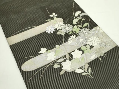 平和屋着物＊夏物　九寸開き名古屋帯　エ霞秋草文　黒地　銀糸　正絹　逸品　CABJ9026rv