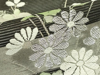 平和屋着物＊夏物　九寸開き名古屋帯　エ霞秋草文　黒地　銀糸　正絹　逸品　CABJ9026rv