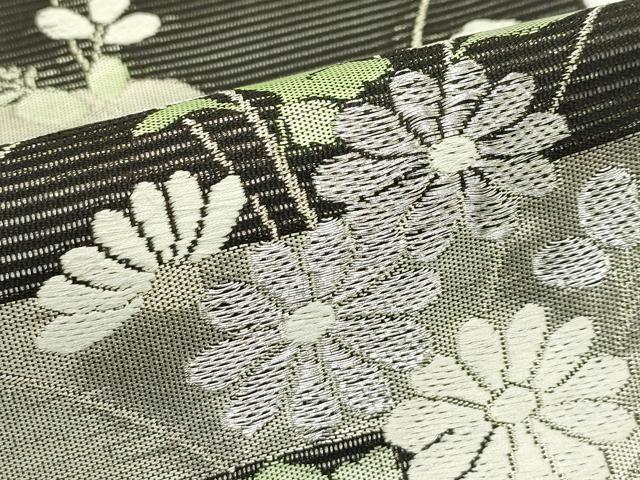 平和屋着物＊夏物　九寸開き名古屋帯　エ霞秋草文　黒地　銀糸　正絹　逸品　CABJ9026rv