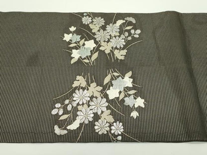 平和屋着物＊夏物　九寸開き名古屋帯　エ霞秋草文　黒地　銀糸　正絹　逸品　CABJ9026rv