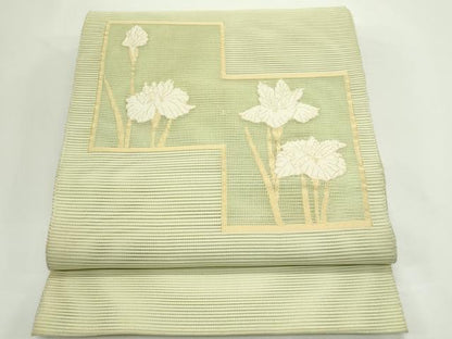 平和屋着物＊夏物　八寸名古屋帯　絽綴れ　草花文　金糸　正絹　逸品　CABJ9045rv