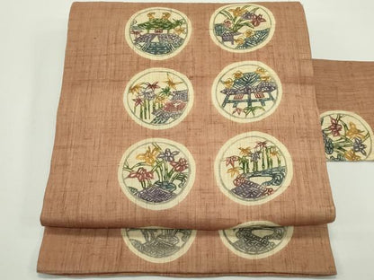 平和屋着物＊夏物　九寸名古屋帯　東京染　紅型染　草花風景丸文　麻　逸品　CABJ9096rv
