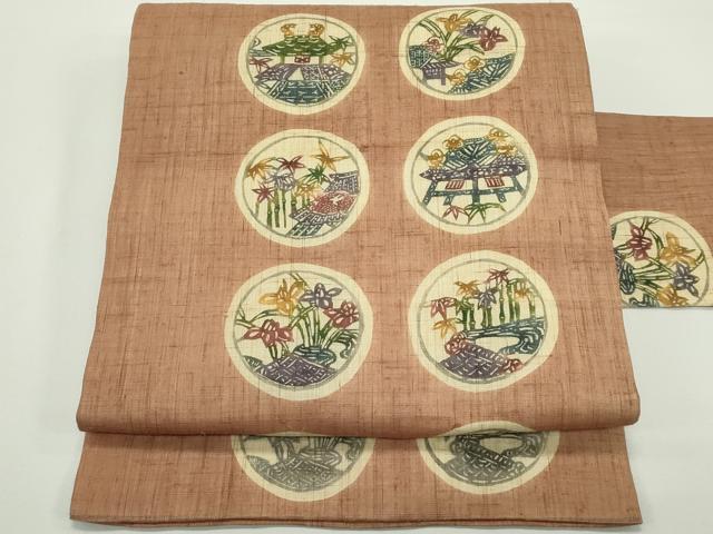 平和屋着物＊夏物　九寸名古屋帯　東京染　紅型染　草花風景丸文　麻　逸品　CABJ9096rv